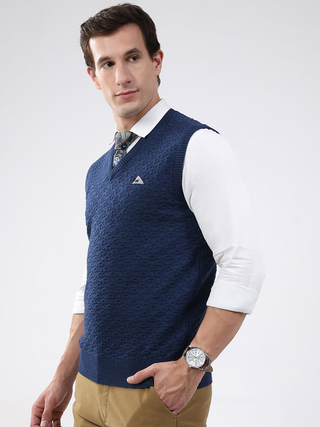 Men Blue Self Design V Neck Sleeveless Sweater