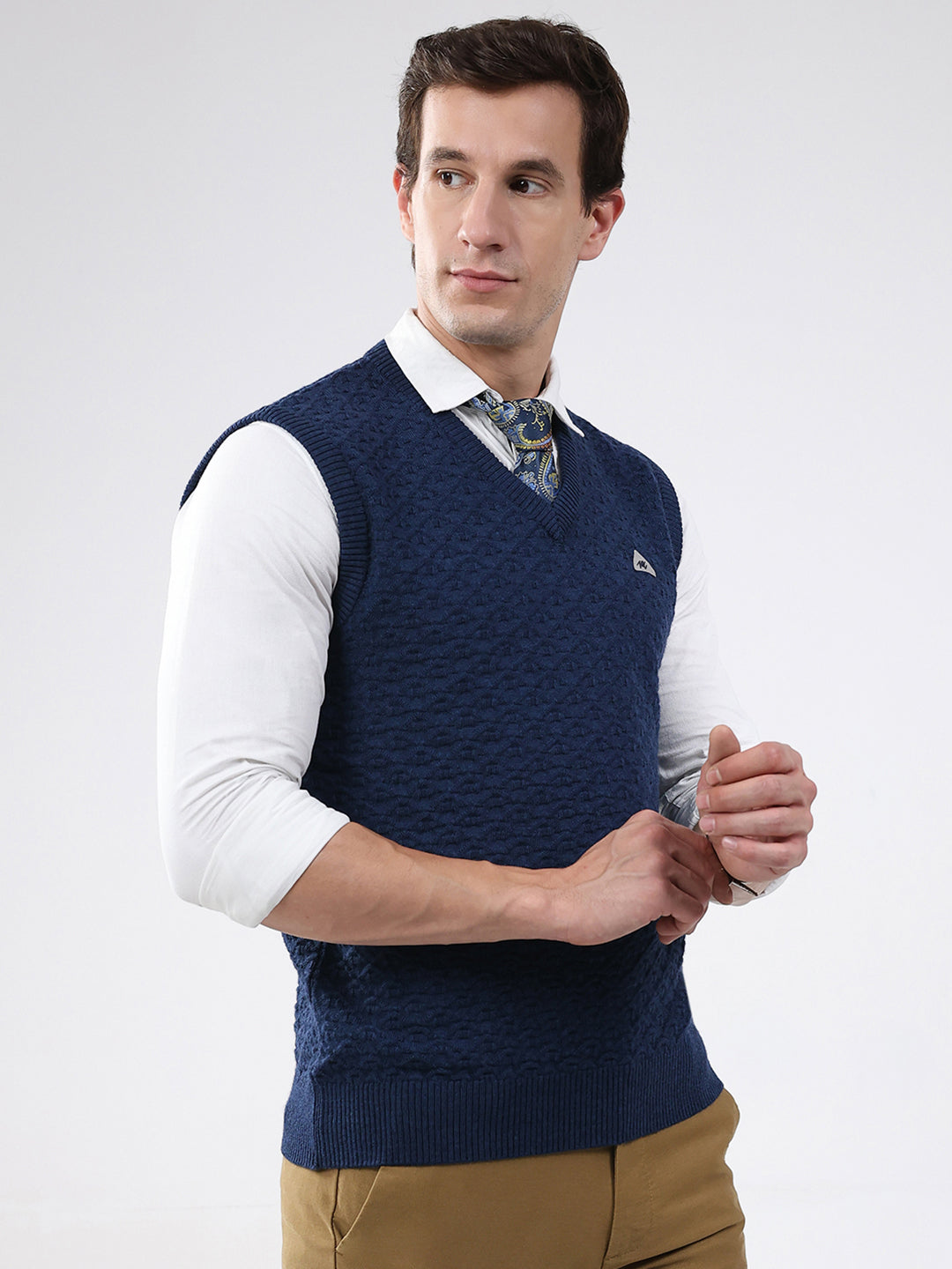 Men Blue Self Design V Neck Sleeveless Sweater