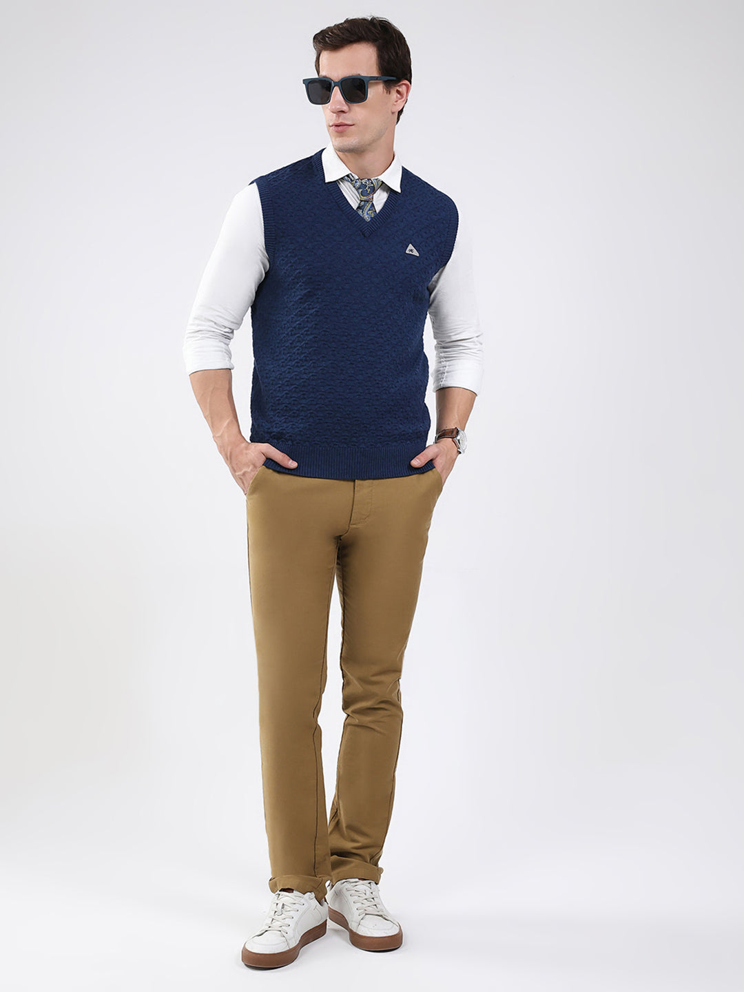 Men Blue Self Design V Neck Sleeveless Sweater