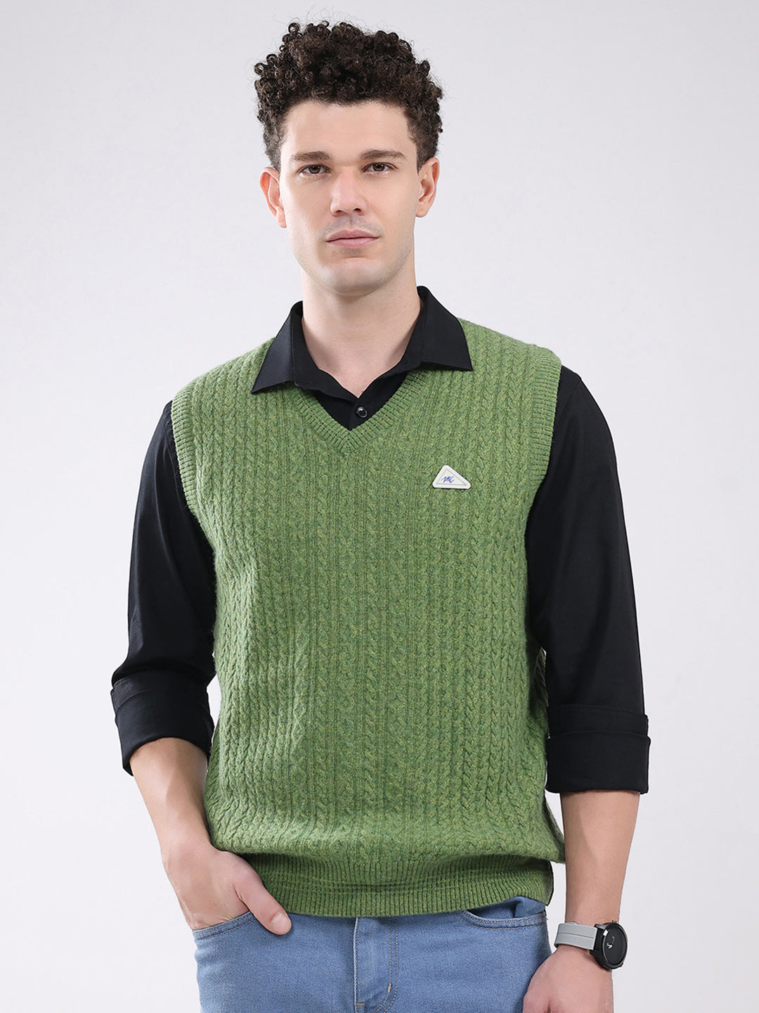 Men Green Self Design V Neck Sleeveless Sweater