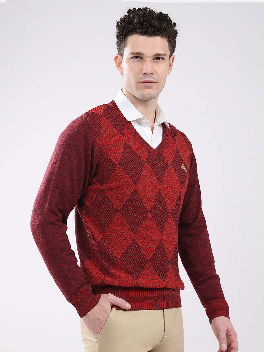 Men Maroon Self Design V Neck Full Sleeve Pullover