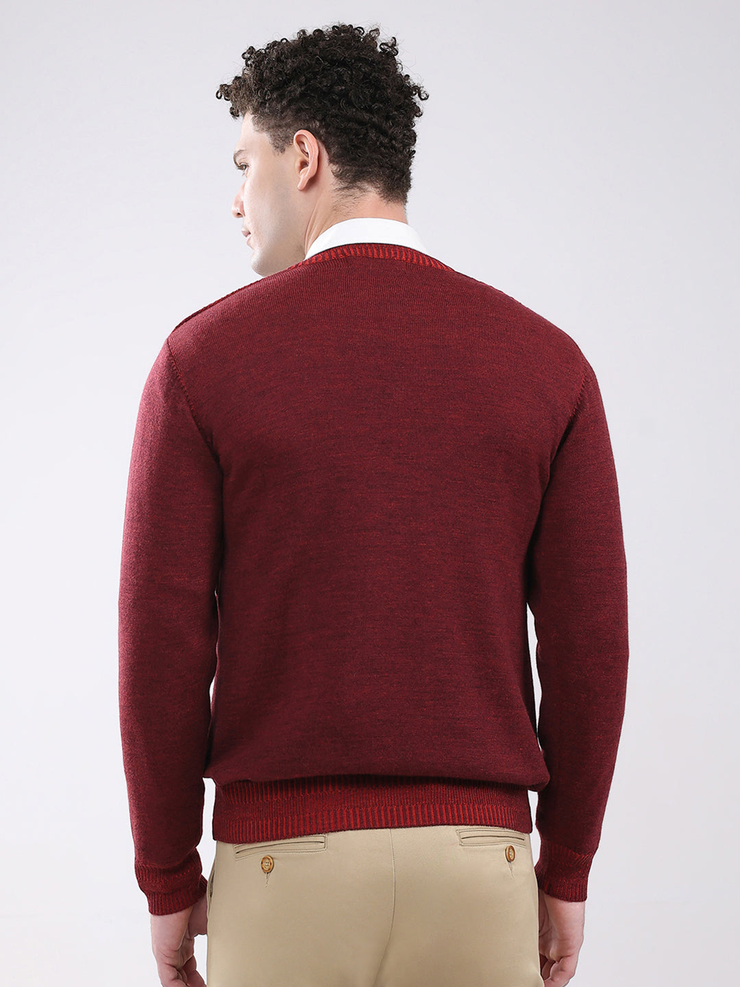 Men Maroon Self Design V Neck Full Sleeve Pullover