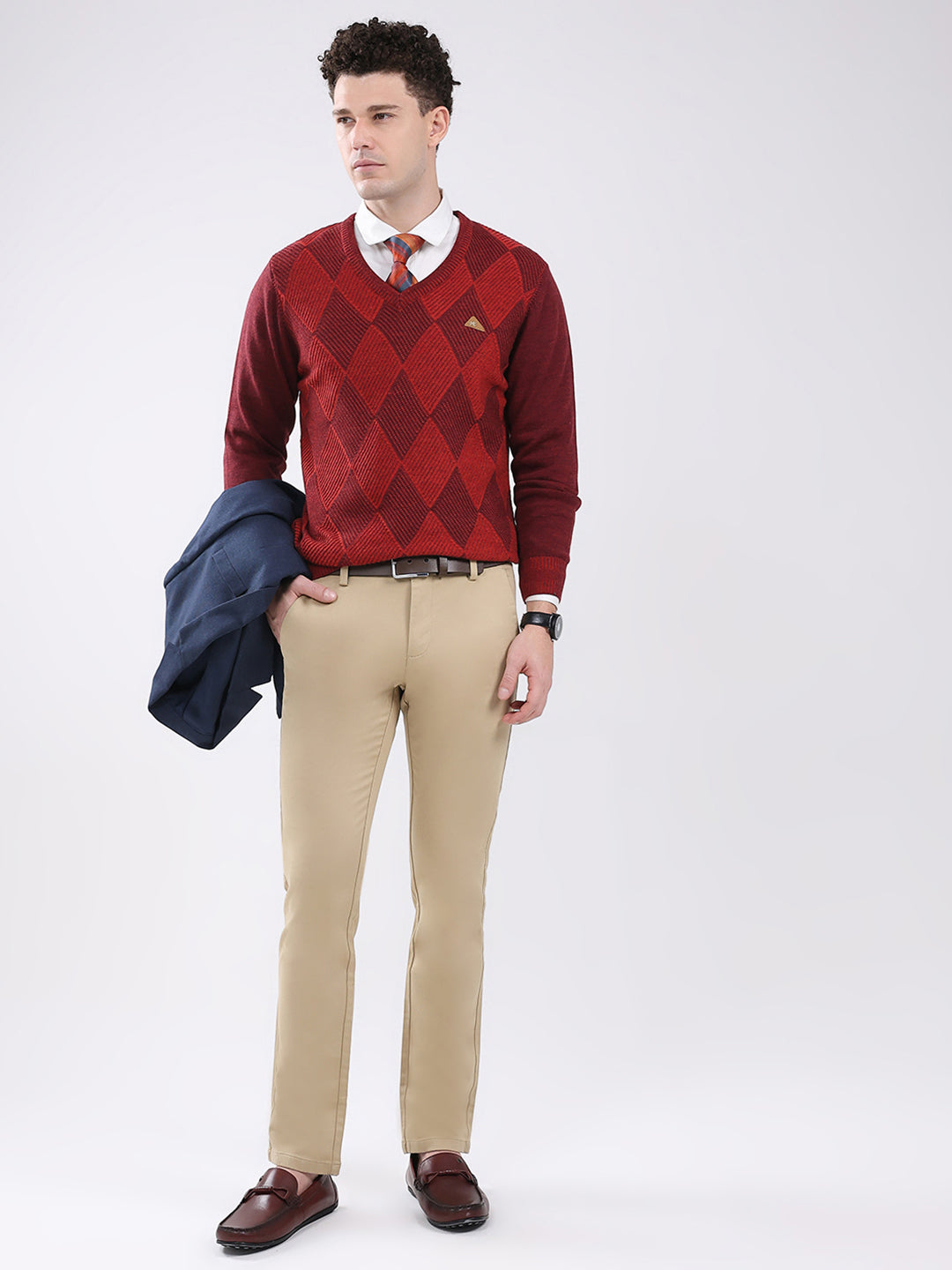 Men Maroon Self Design V Neck Full Sleeve Pullover