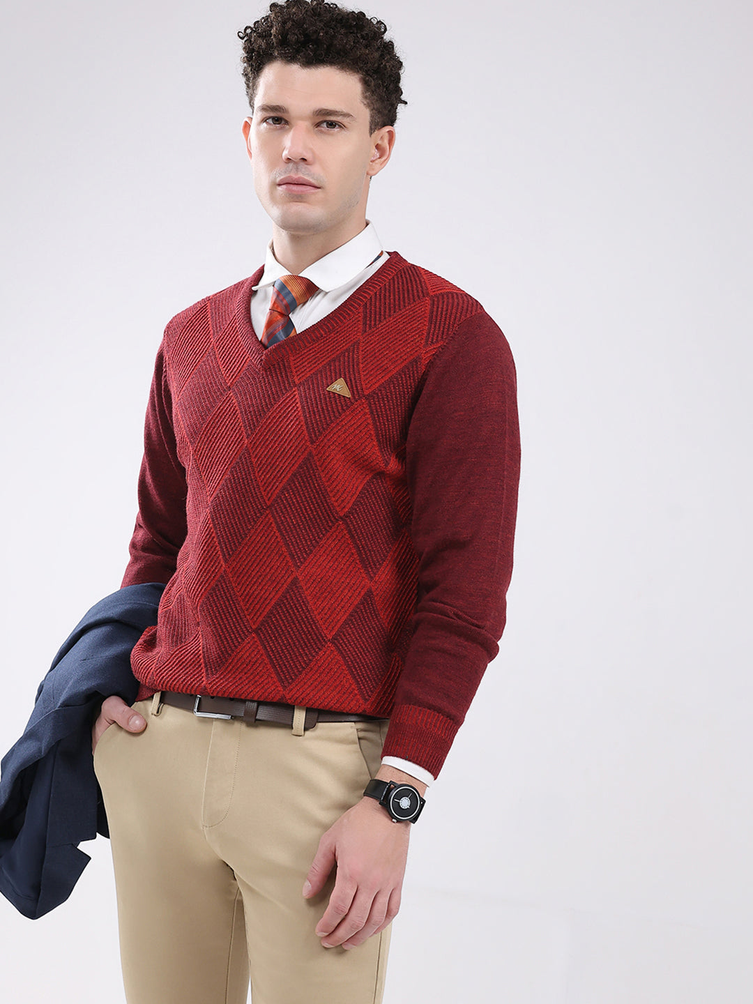 Men Maroon Self Design V Neck Full Sleeve Pullover