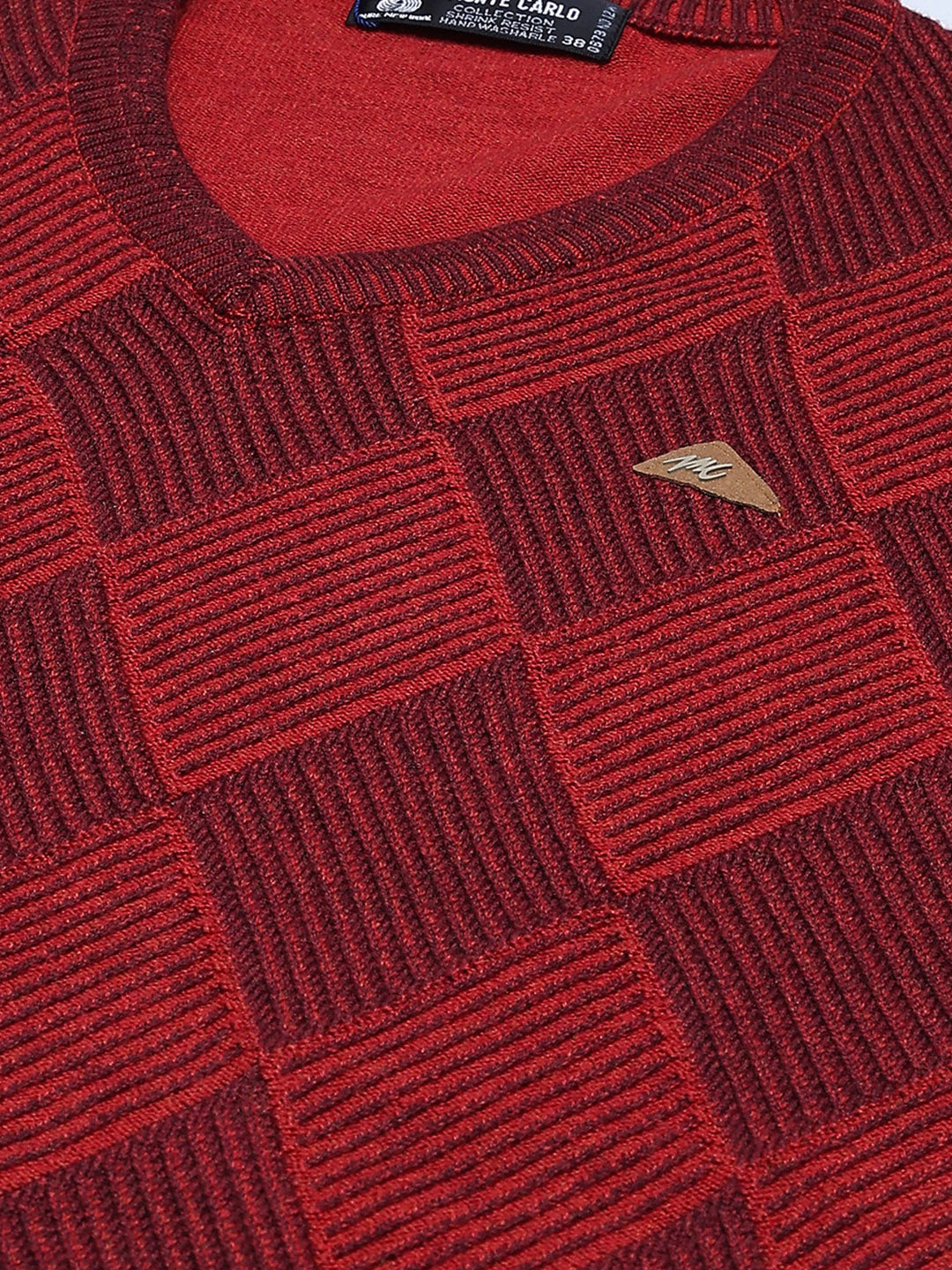 Men Maroon Self Design V Neck Full Sleeve Pullover