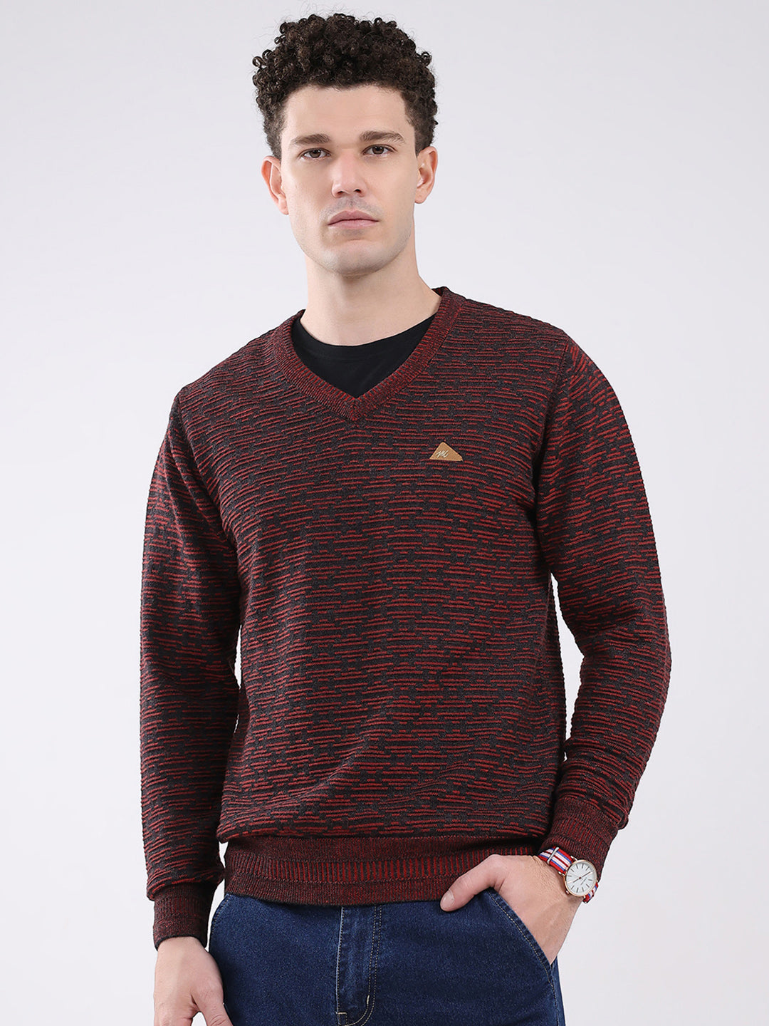 Buy Men Maroon Self Design V Neck Full Sleeve Pullover Online in