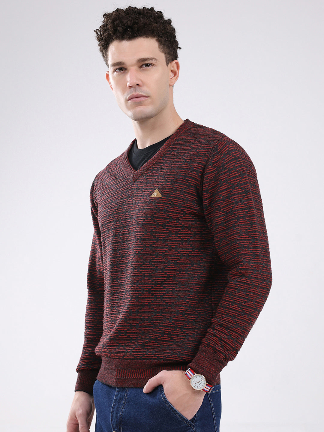 Men Maroon Self Design V Neck Full Sleeve Pullover