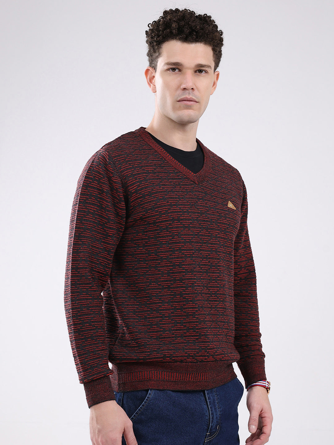 Men Maroon Self Design V Neck Full Sleeve Pullover