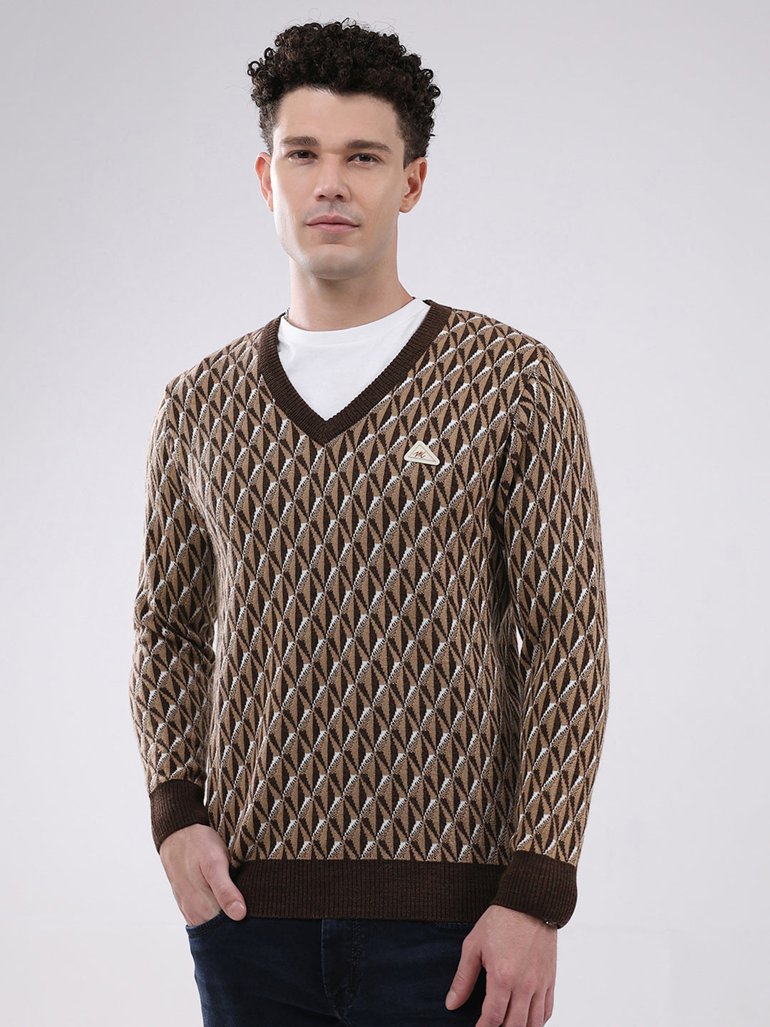 Men Brown Self Design V Neck Full Sleeve Pullover