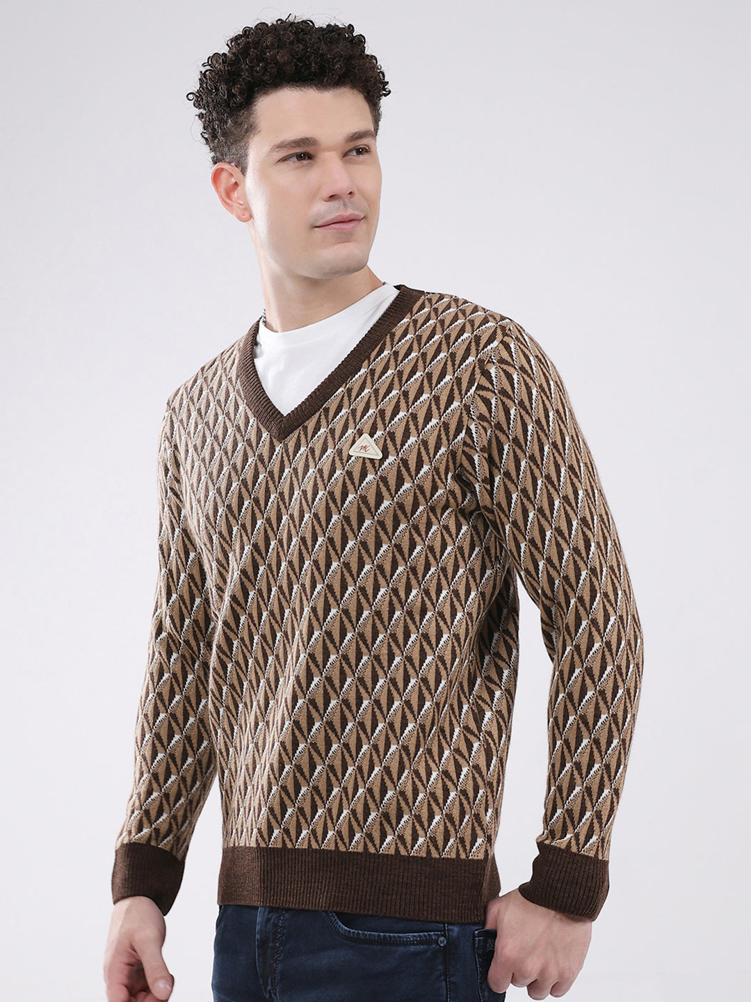 Men Brown Self Design V Neck Full Sleeve Pullover