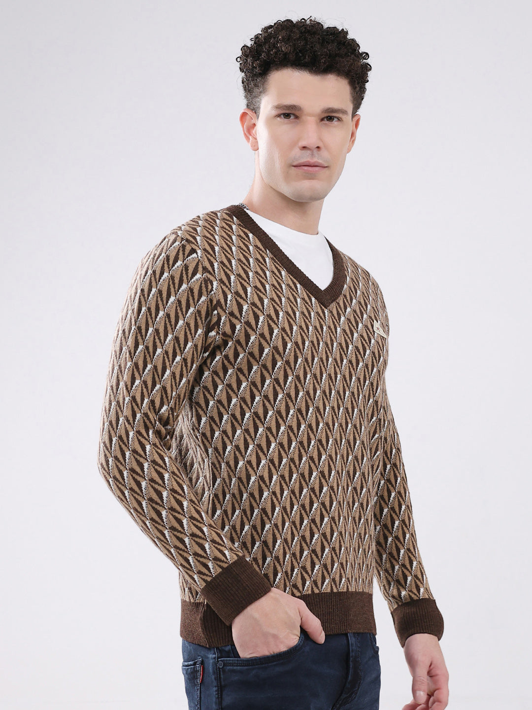 Men Brown Self Design V Neck Full Sleeve Pullover