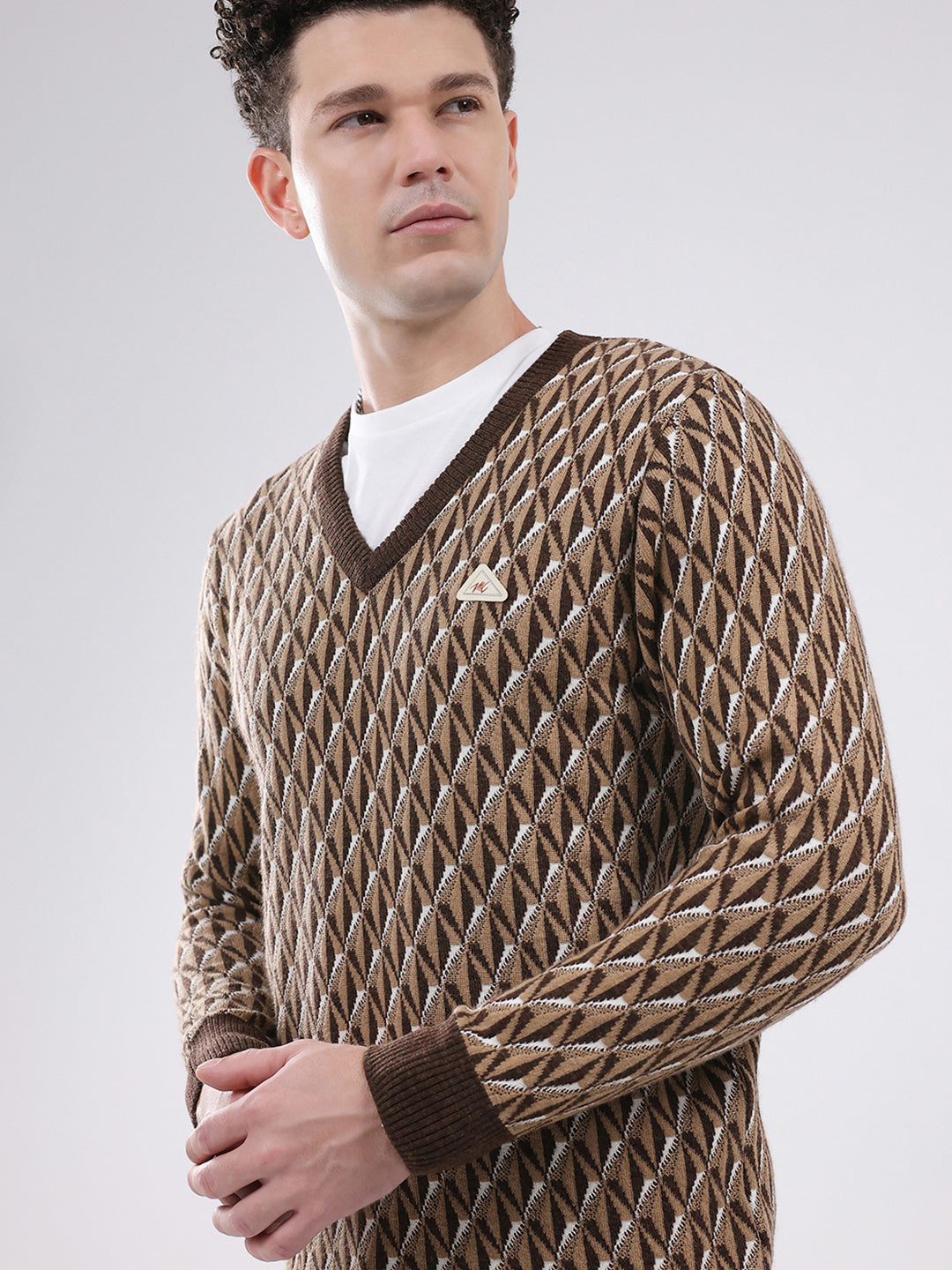 Men Brown Self Design V Neck Full Sleeve Pullover