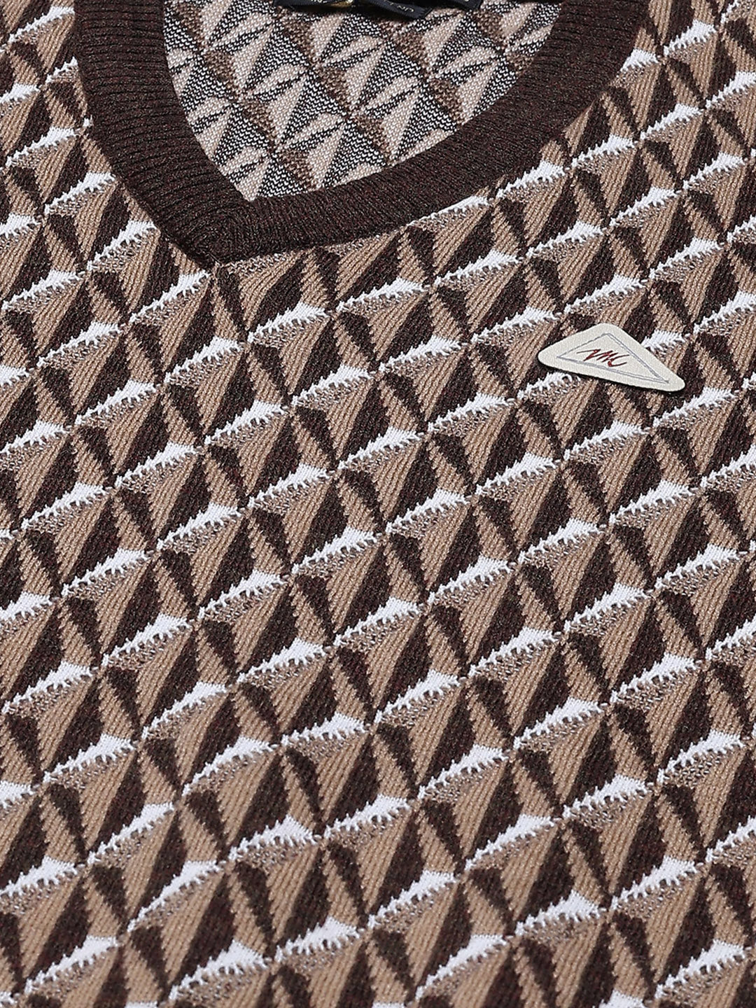 Men Brown Self Design V Neck Full Sleeve Pullover