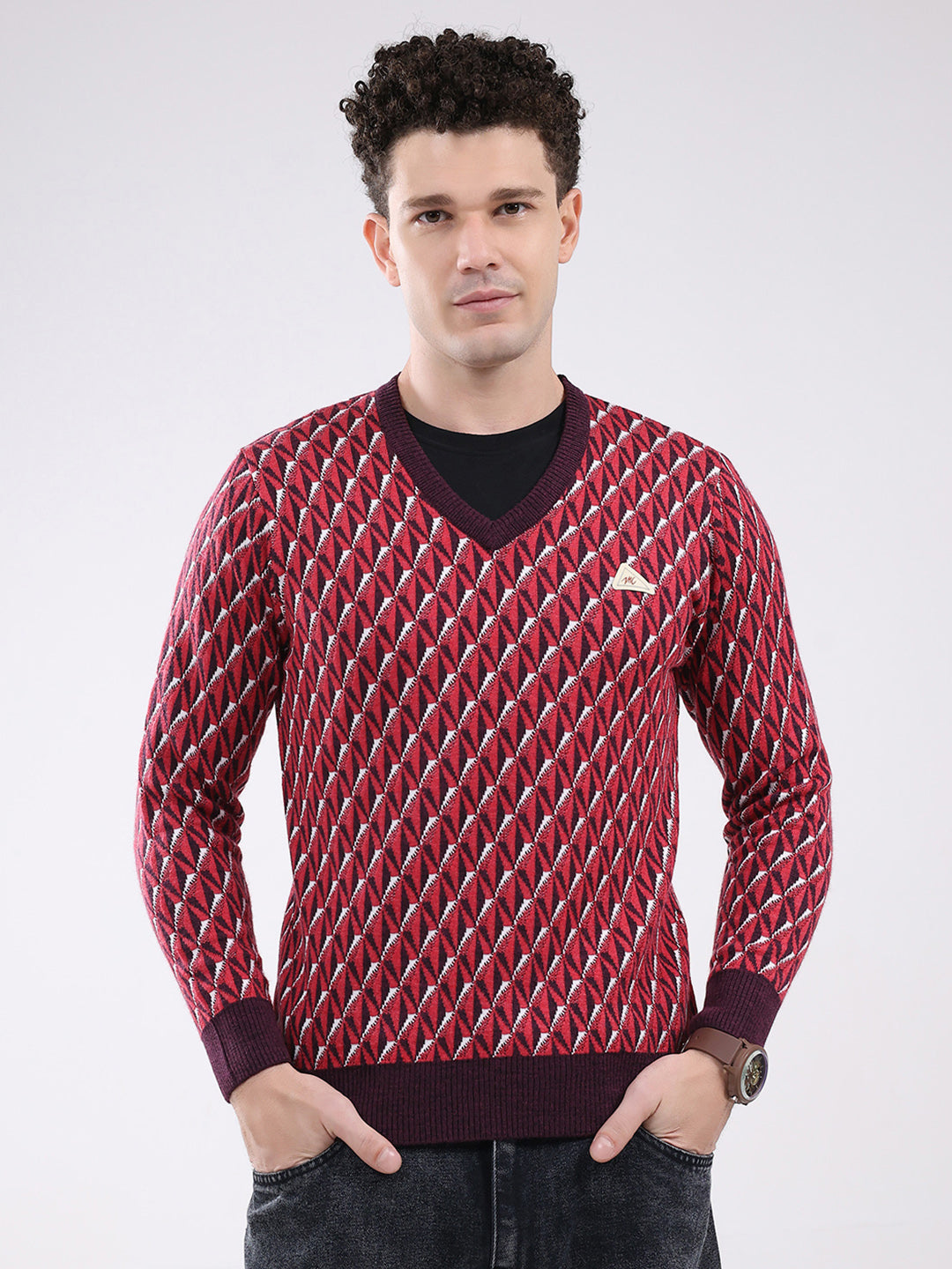 Men Red Self Design V Neck Full Sleeve Pullover
