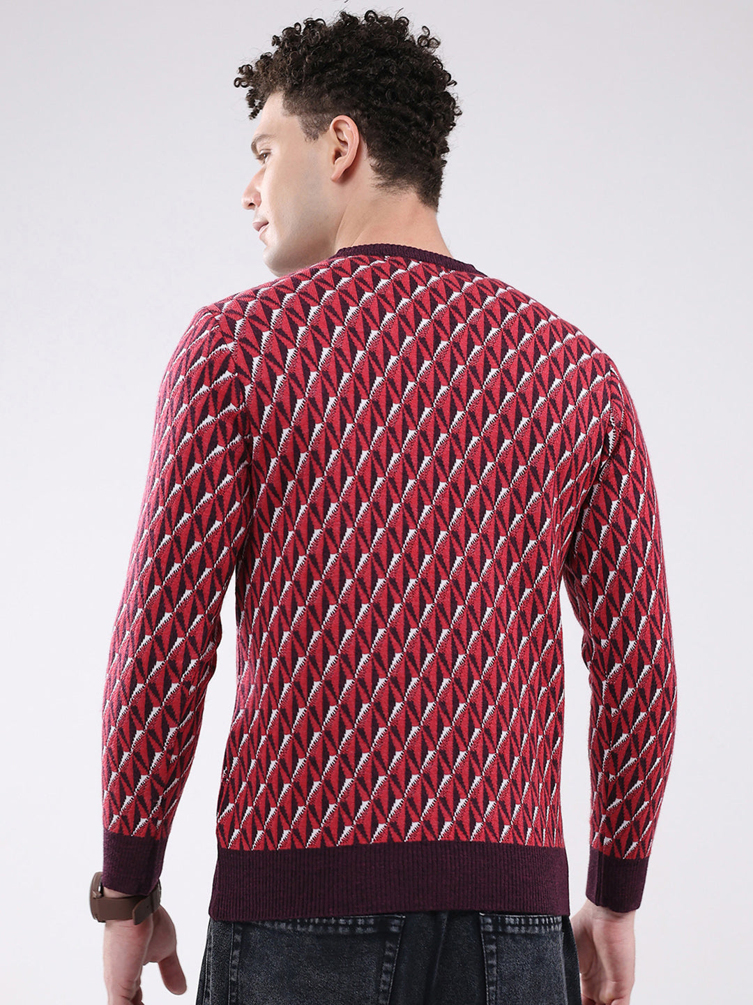 Men Red Self Design V Neck Full Sleeve Pullover