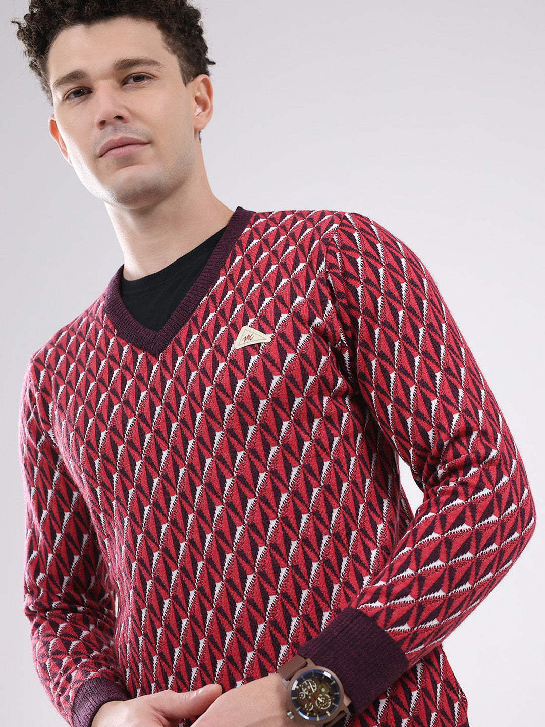 Men Red Self Design V Neck Full Sleeve Pullover