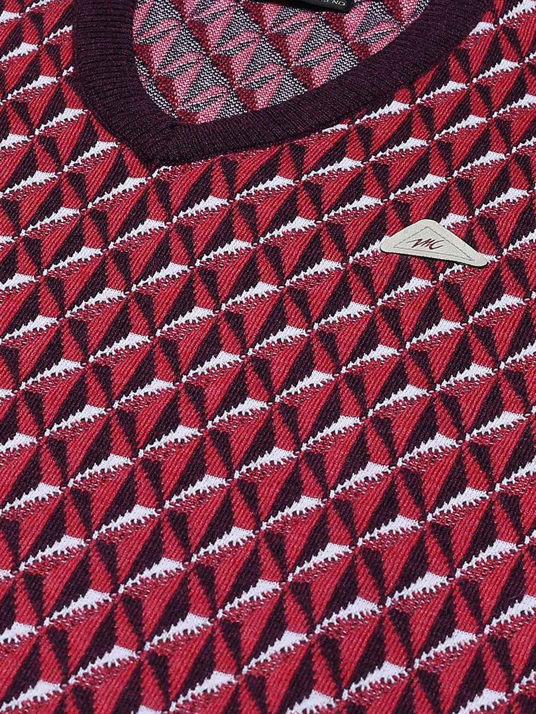 Men Red Self Design V Neck Full Sleeve Pullover