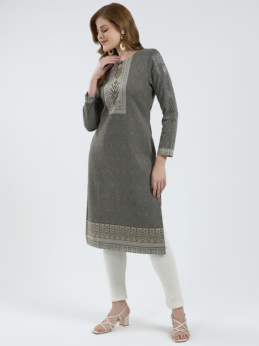 Women Grey Self Design Round Neck Full Sleeve Winter Kurti