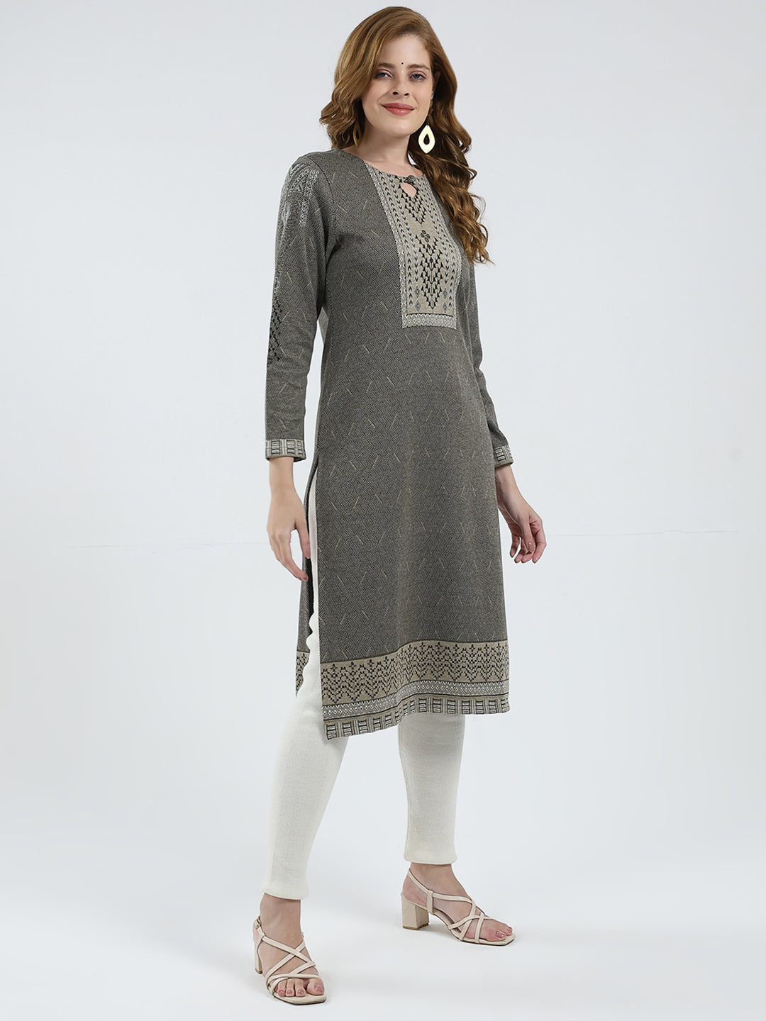 Women Grey Self Design Round Neck Full Sleeve Winter Kurti