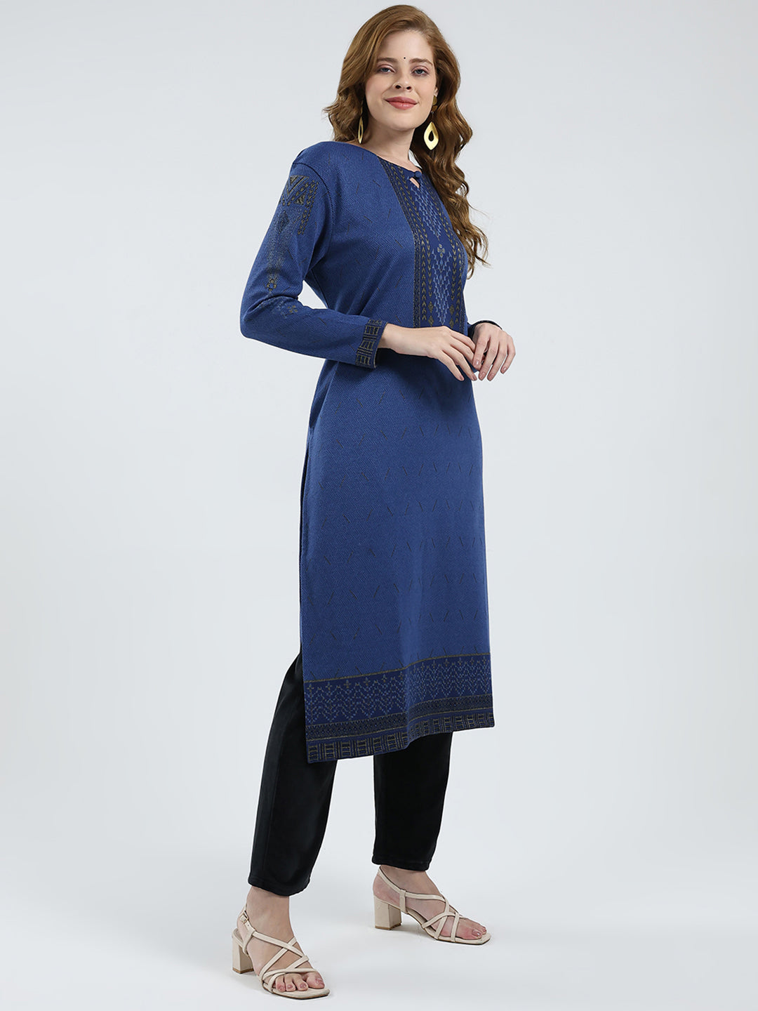 Women Blue Self Design Round Neck Full Sleeve Winter Kurti