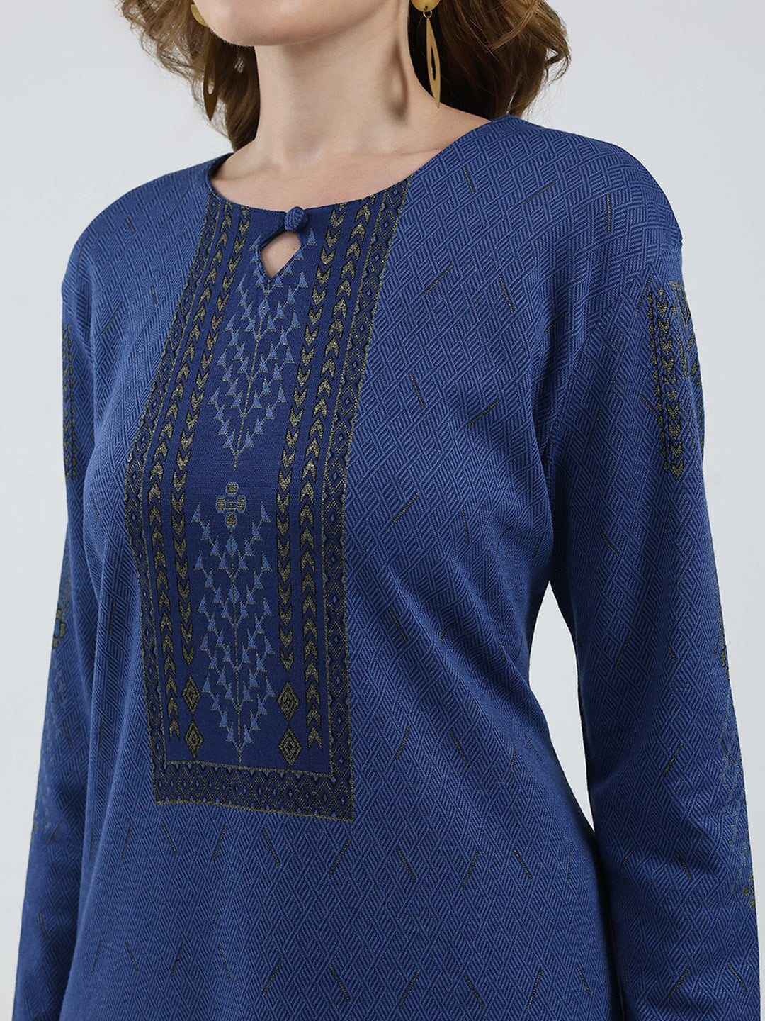 Women Blue Self Design Round Neck Full Sleeve Winter Kurti