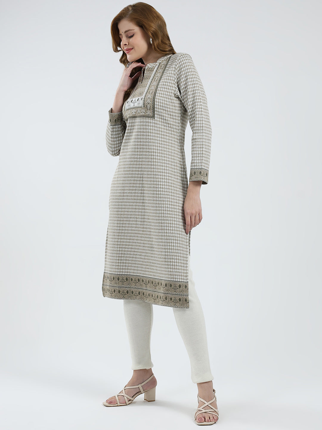 Women Beige Self Design Round Neck Full Sleeve Winter Kurti