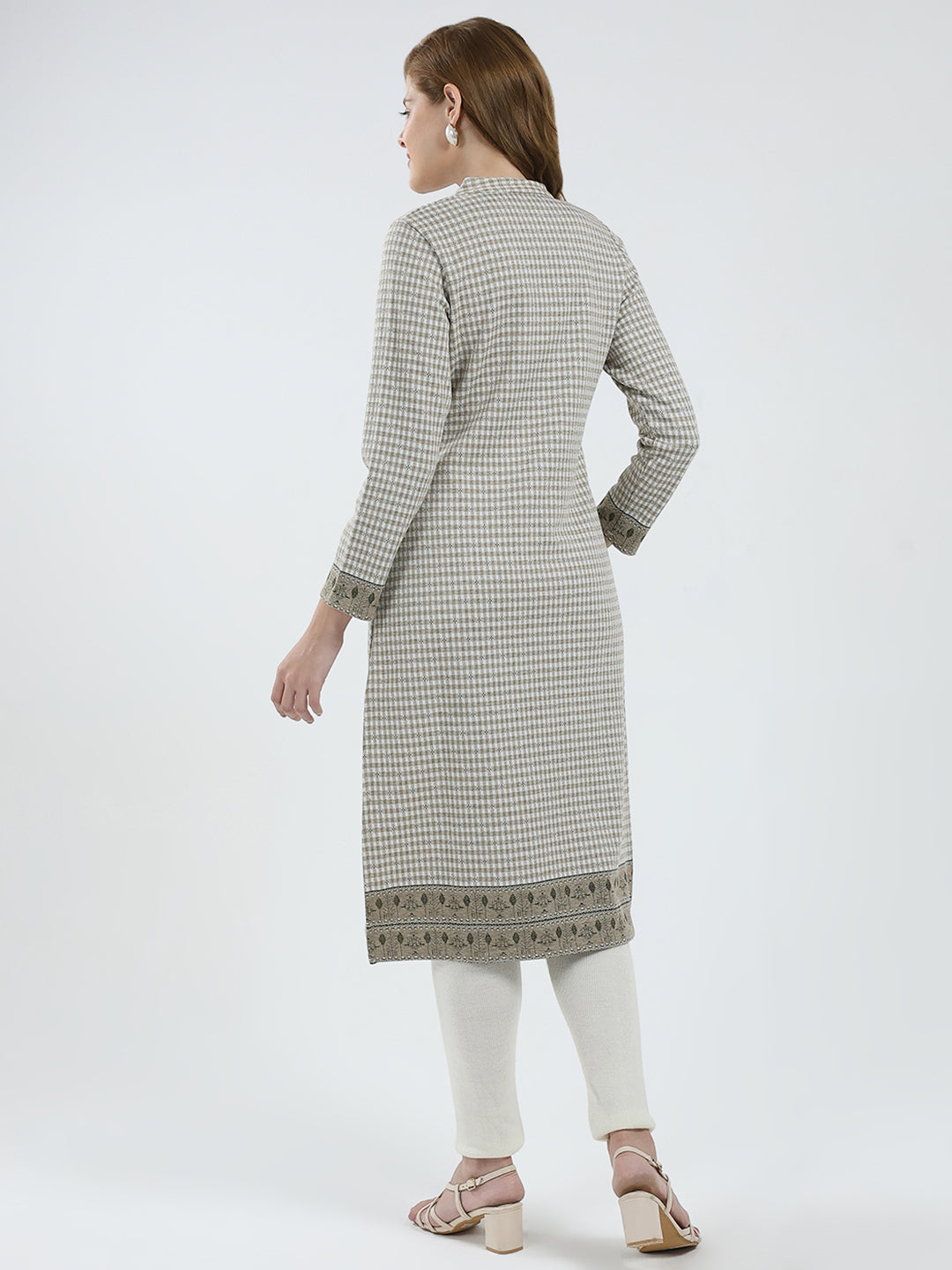 Women Beige Self Design Round Neck Full Sleeve Winter Kurti