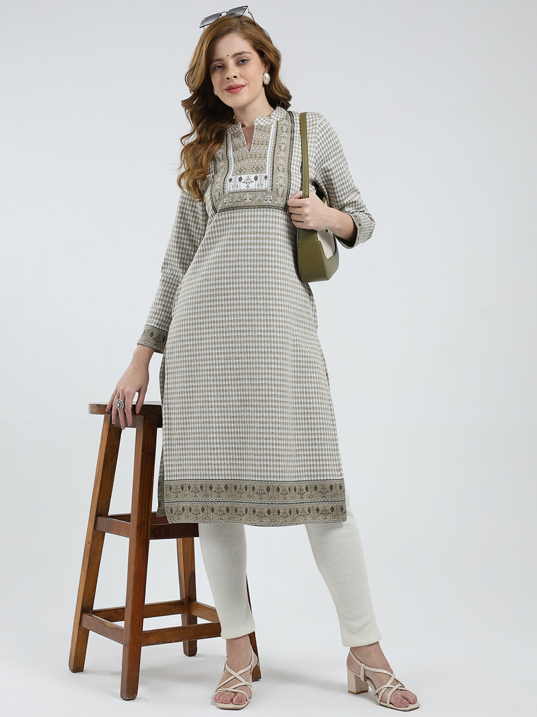 Women Beige Self Design Round Neck Full Sleeve Winter Kurti
