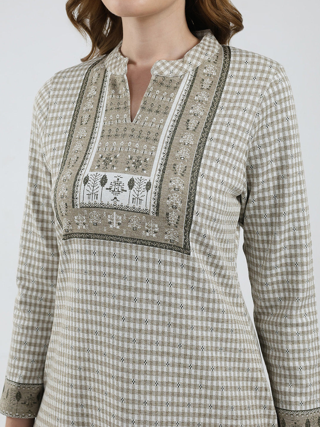 Women Beige Self Design Round Neck Full Sleeve Winter Kurti