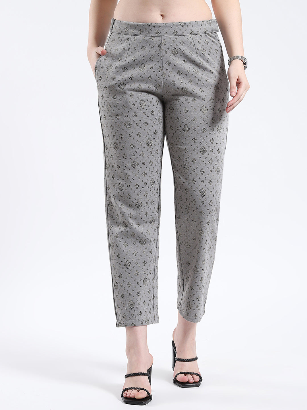 Women Grey Self Design Band Neck Full Sleeve Kurti Set for Winter