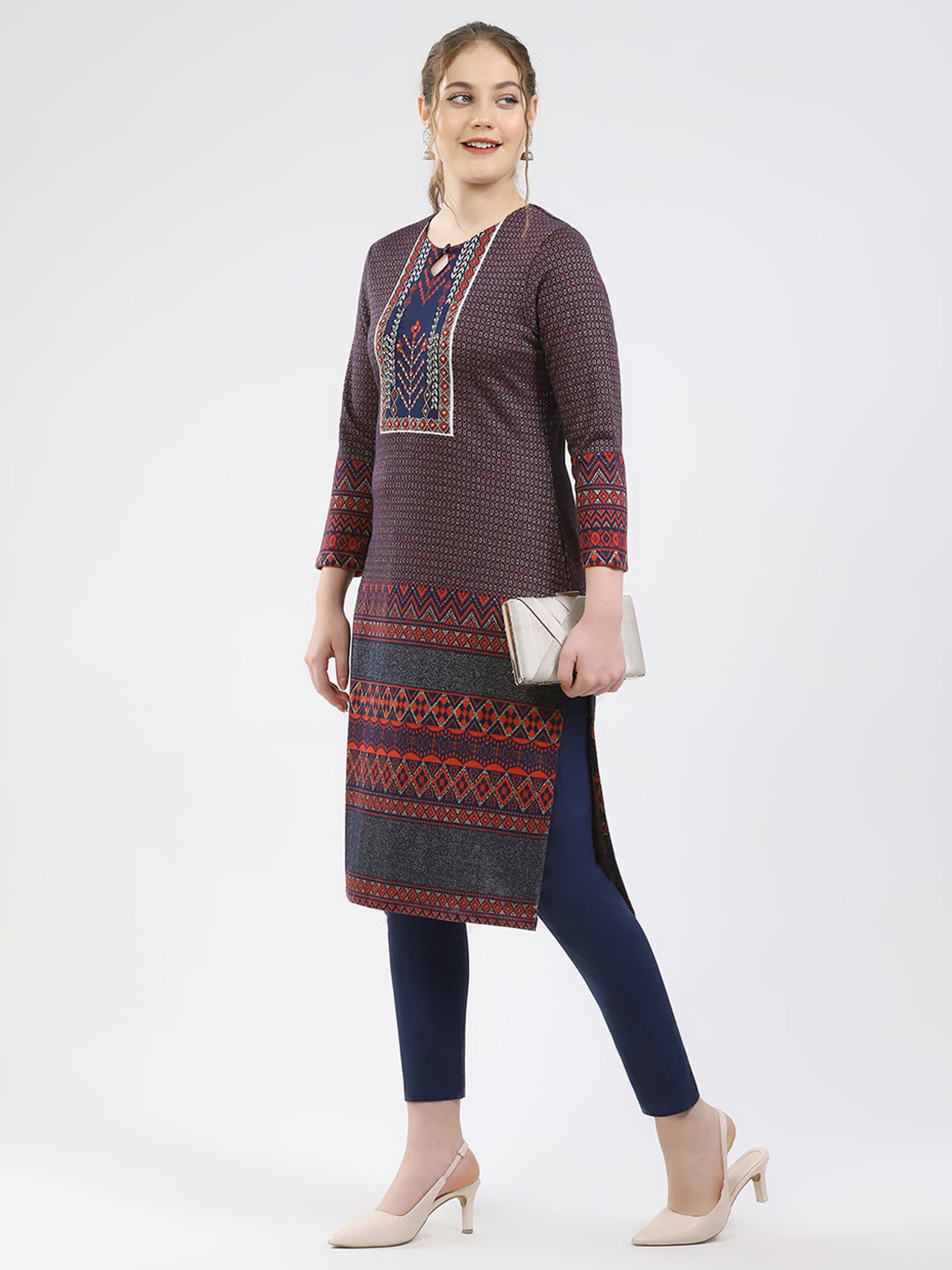 Women Maroon Printed Round Neck Full Sleeve Winter Kurti