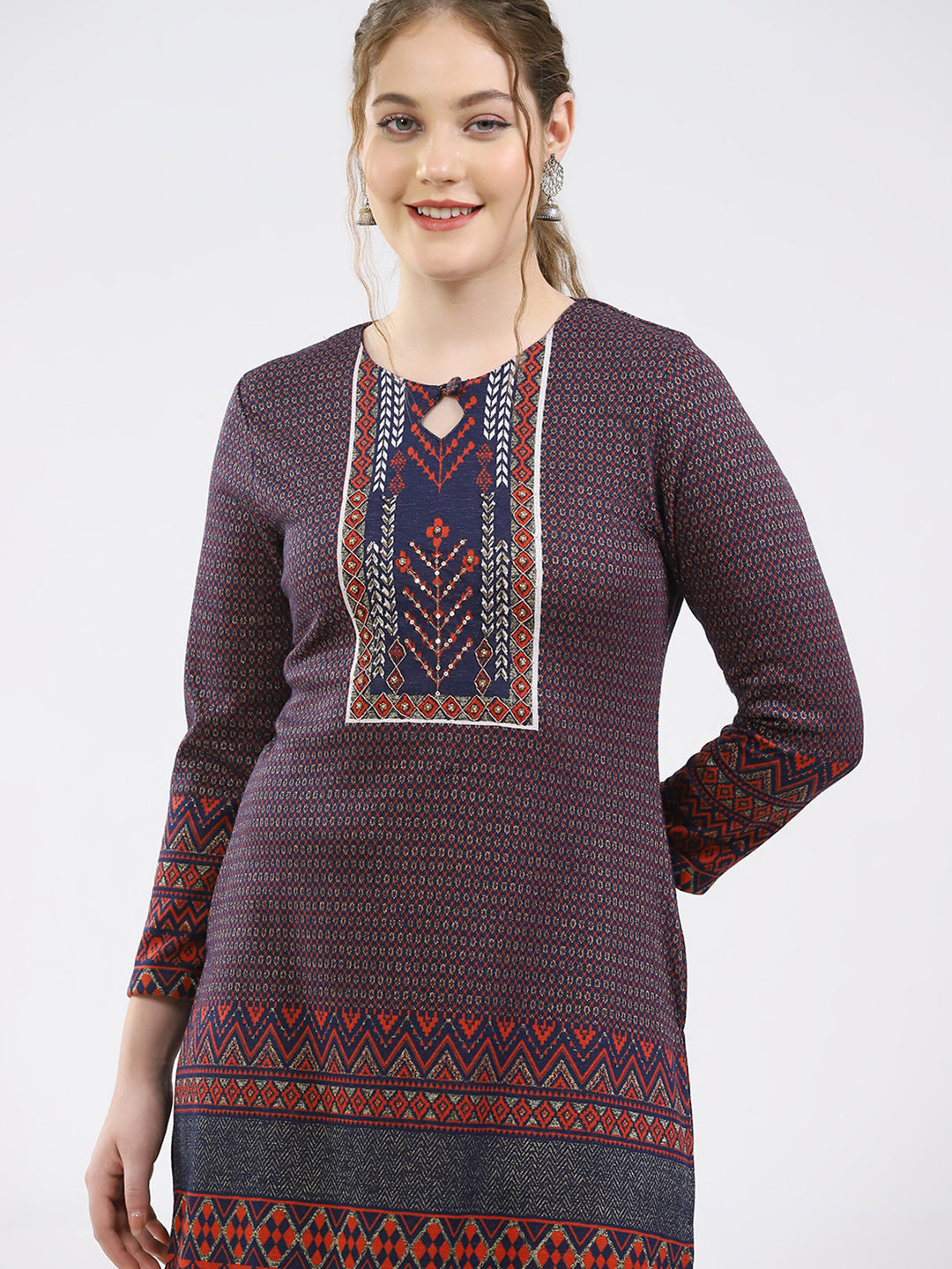 Women Maroon Printed Round Neck Full Sleeve Winter Kurti