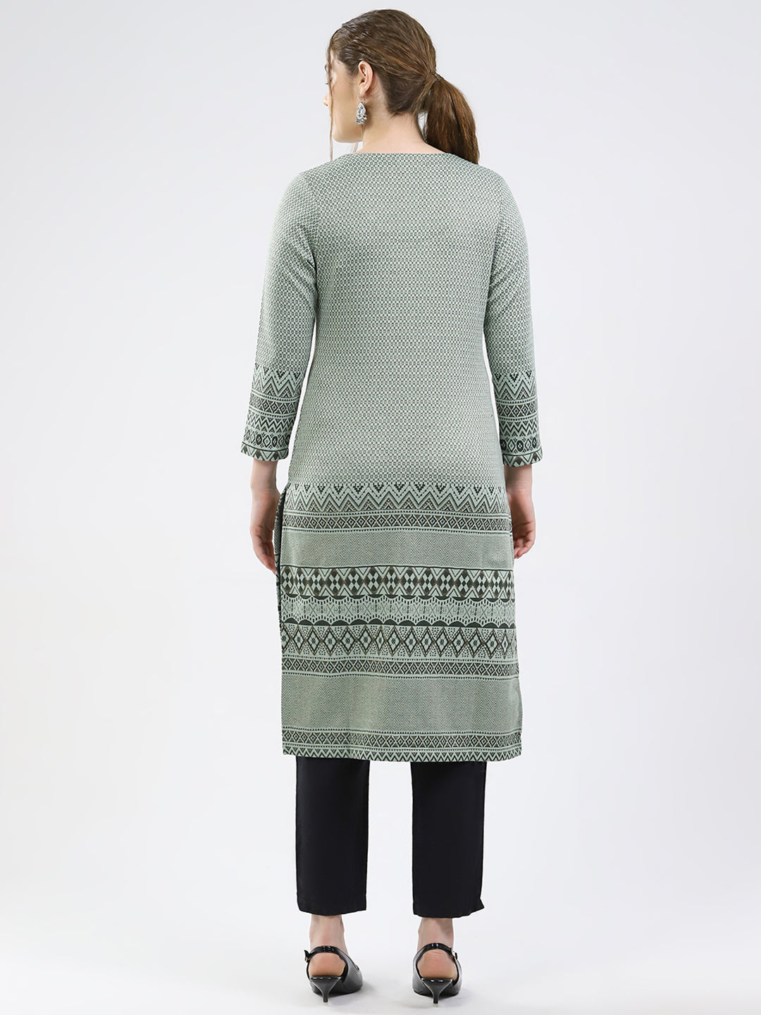 Women Green Printed Round Neck Full Sleeve Winter Kurti