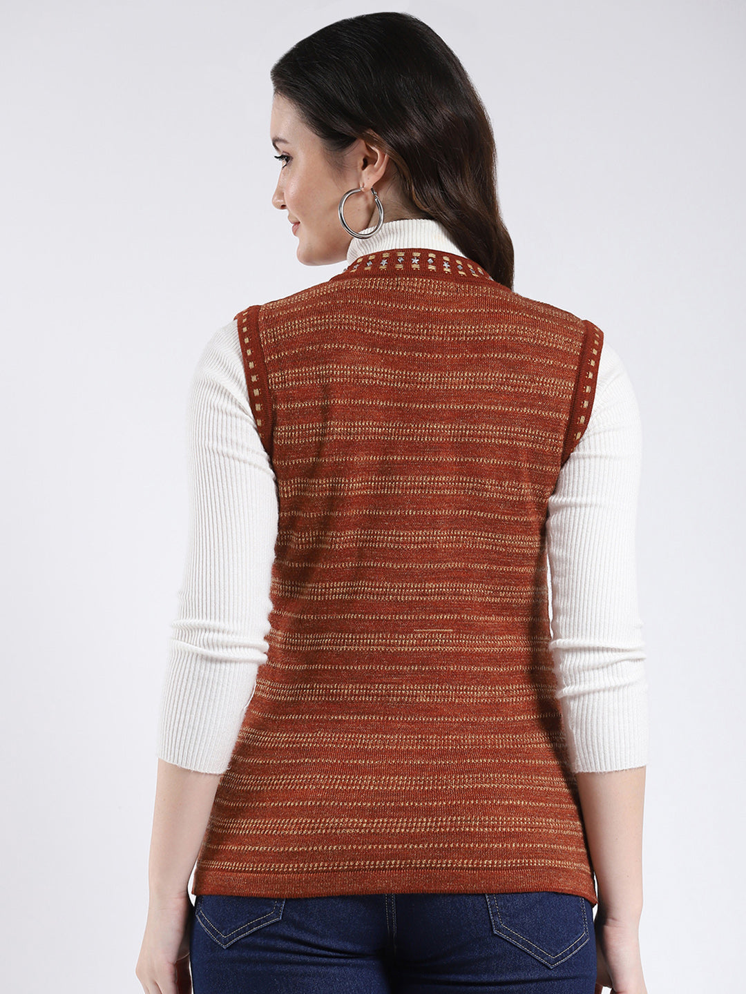 Women Rust Stripe V Neck Sleeveless Cardigan