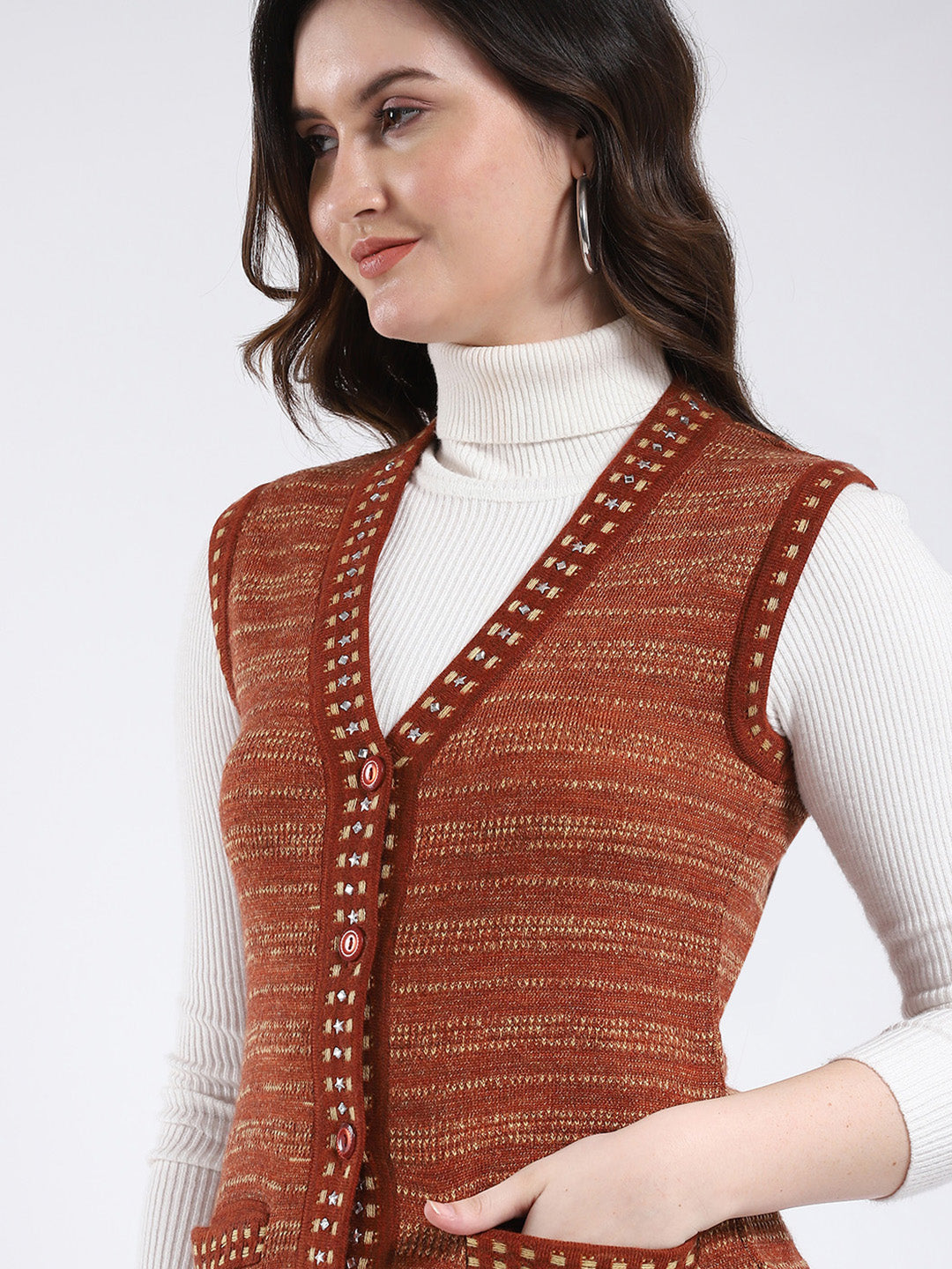 Women Rust Stripe V Neck Sleeveless Cardigan