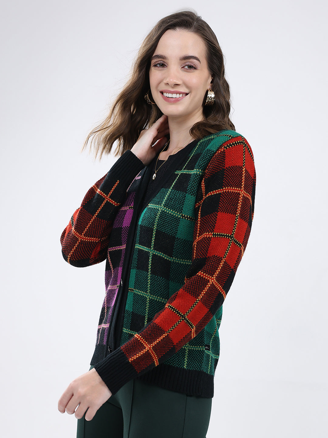 Women Multicolor Self Design V Neck Full Sleeve Cardigan