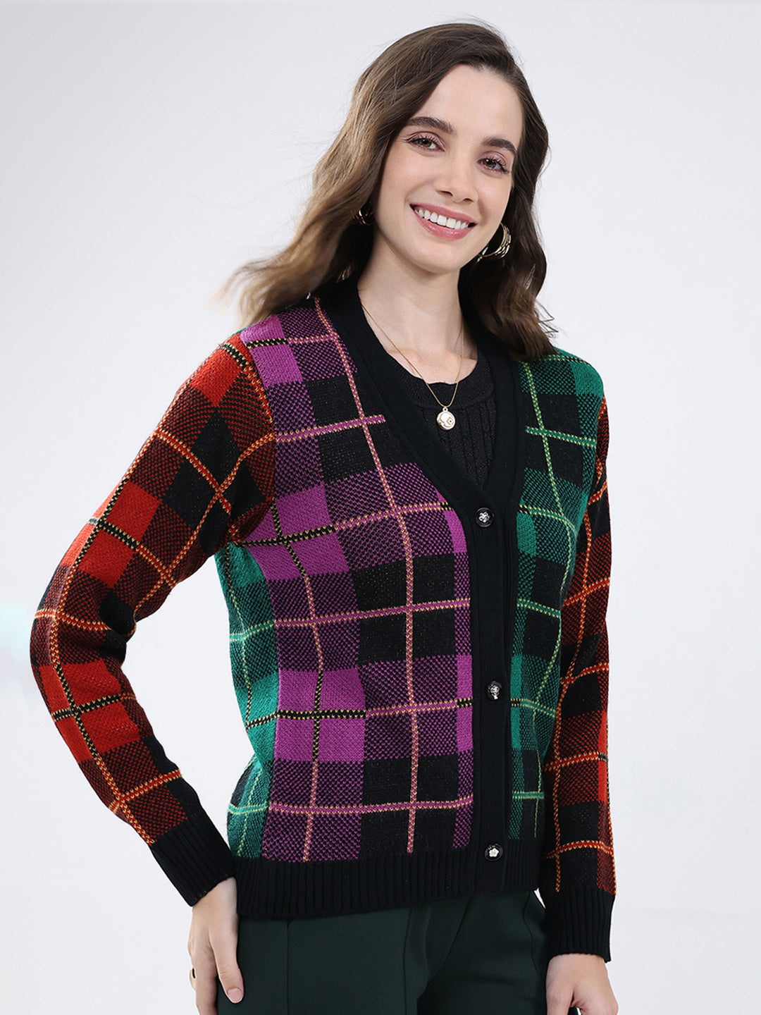 Women Multicolor Self Design V Neck Full Sleeve Cardigan