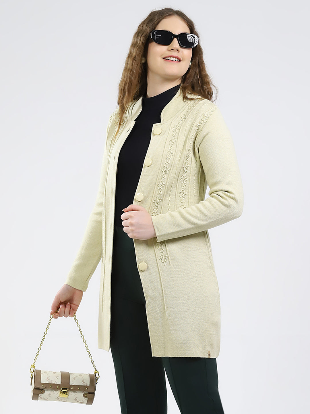 Women Cream Self Design Round Neck Full Sleeve Knitted Coat