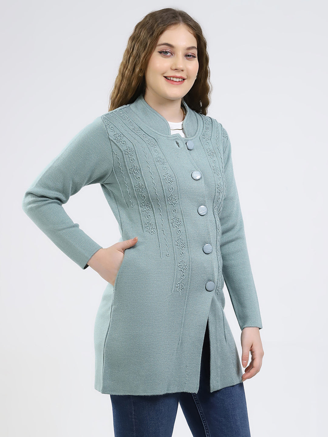 Women Green Self Design Round Neck Full Sleeve Knitted Coat