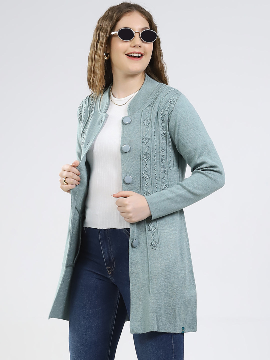 Women Green Self Design Round Neck Full Sleeve Knitted Coat