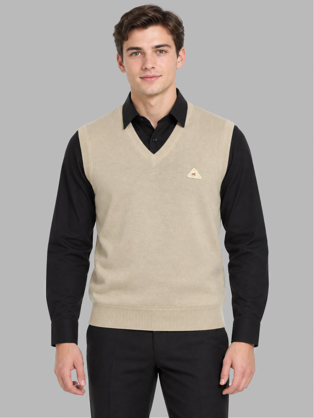 Men Beige Solid V Neck Sleeveless Sweater
