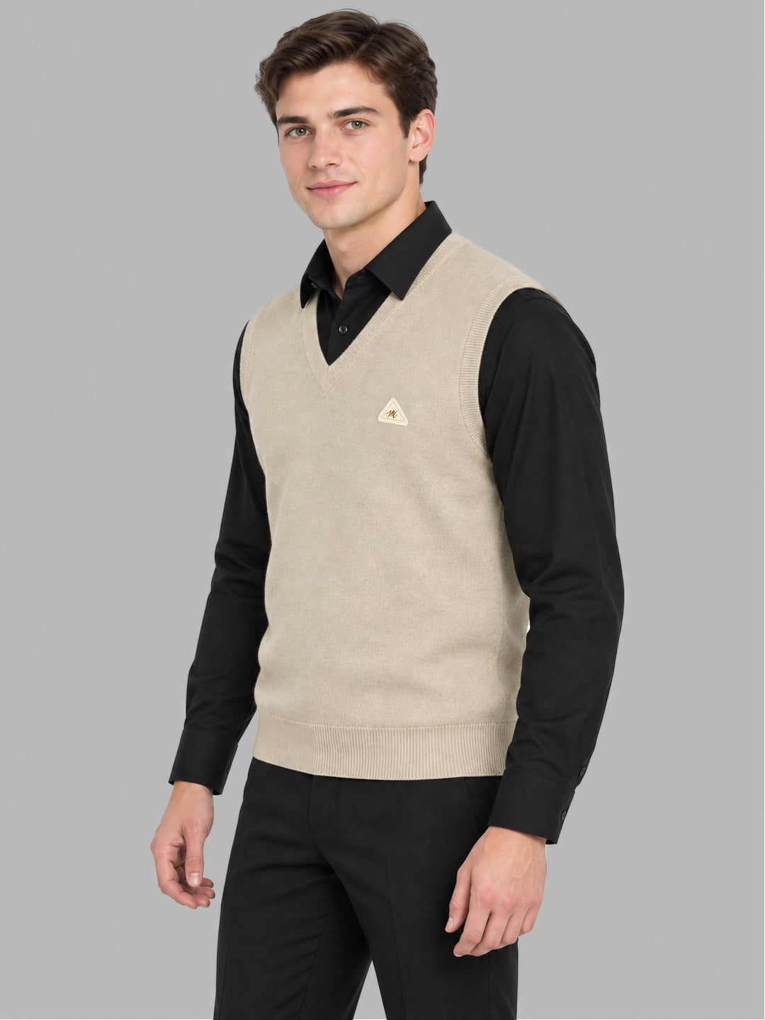Men Beige Solid V Neck Sleeveless Sweater