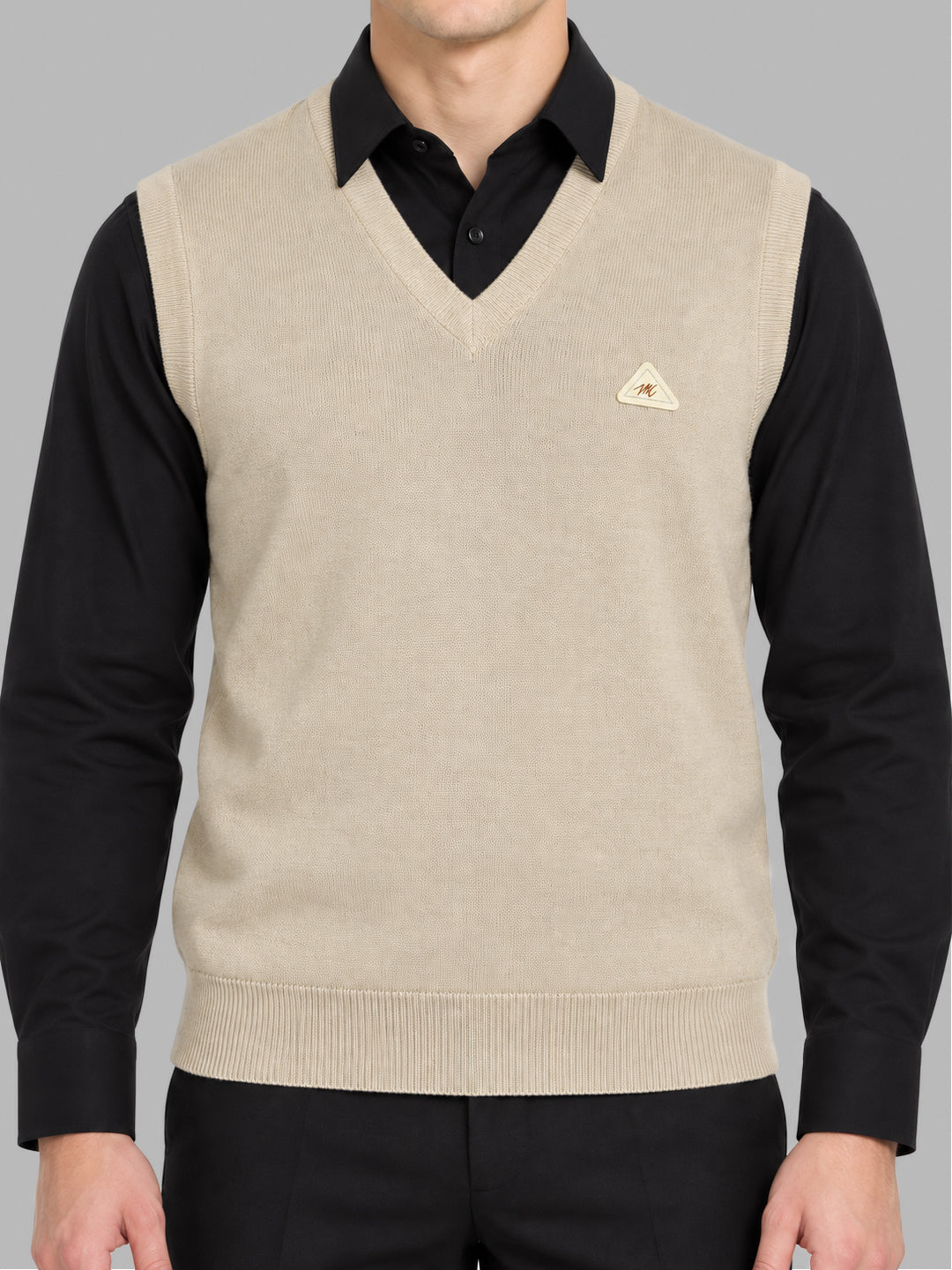 Men Beige Solid V Neck Sleeveless Sweater