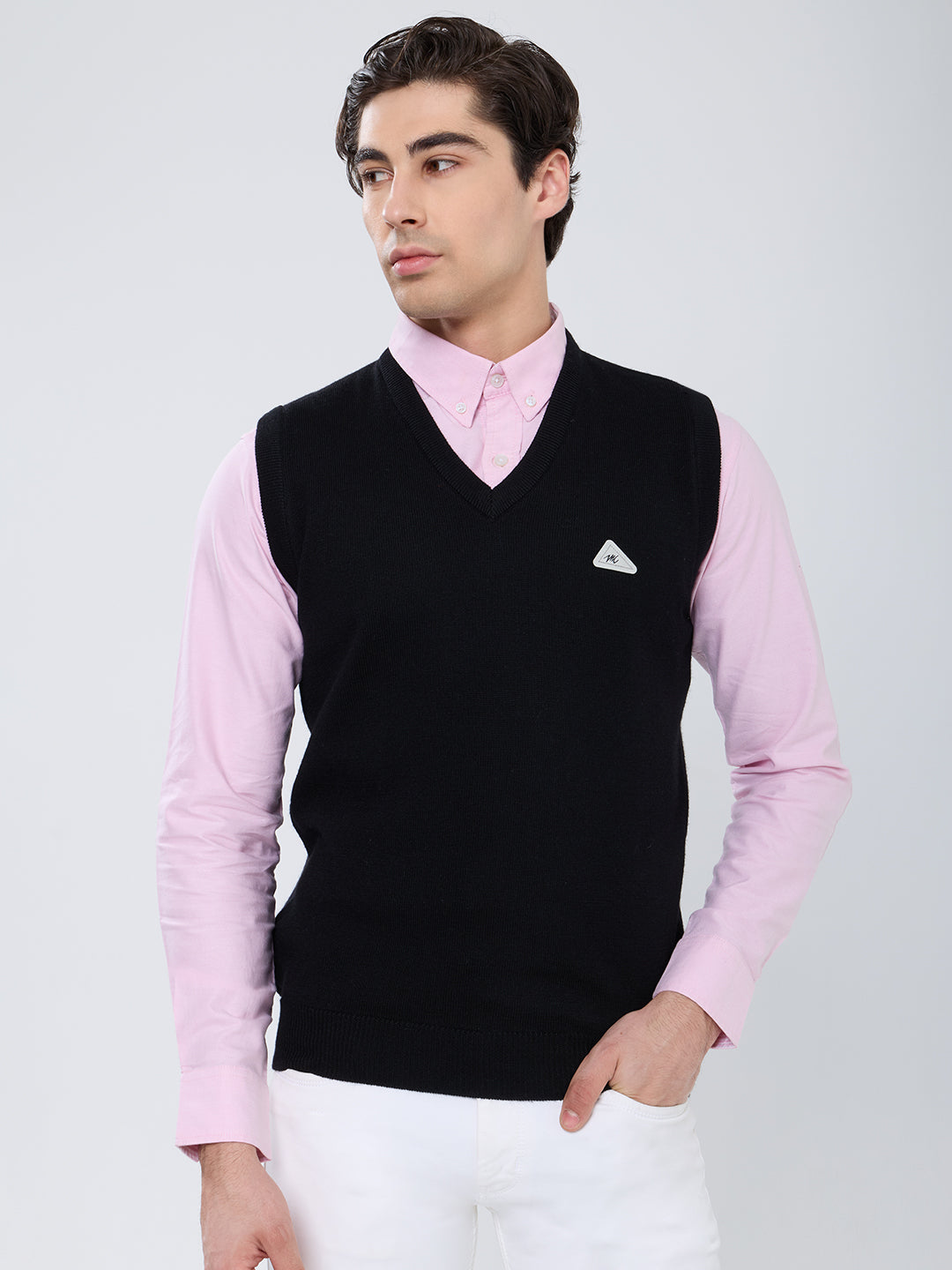 Men Black Solid V Neck Sleeveless Sweater