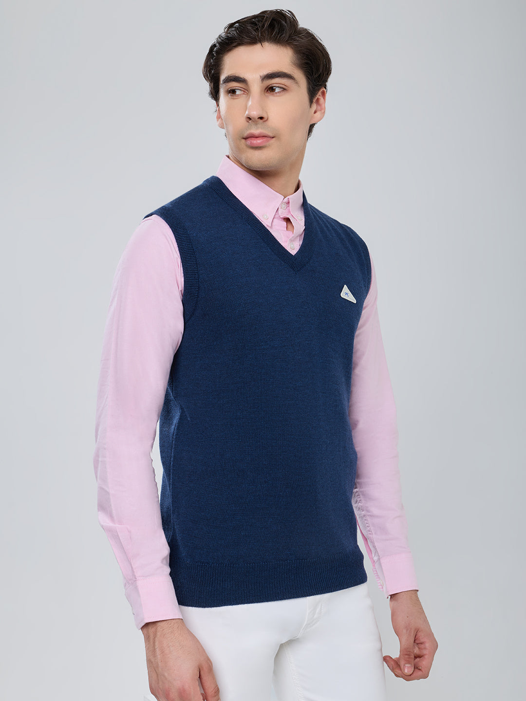 Men Navy Blue Solid V Neck Sleeveless Sweater