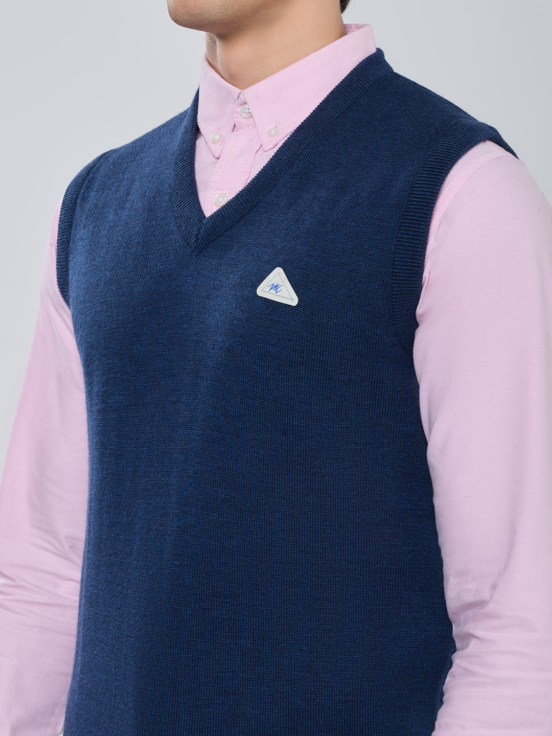 Men Navy Blue Solid V Neck Sleeveless Sweater