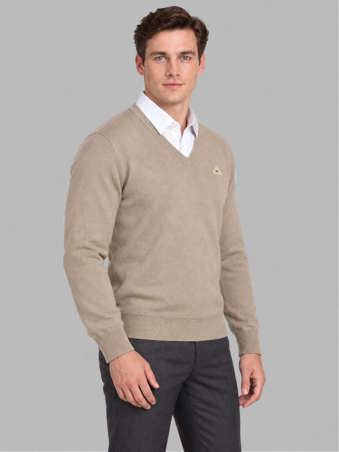 Men Beige Solid V Neck Full Sleeve Pullover