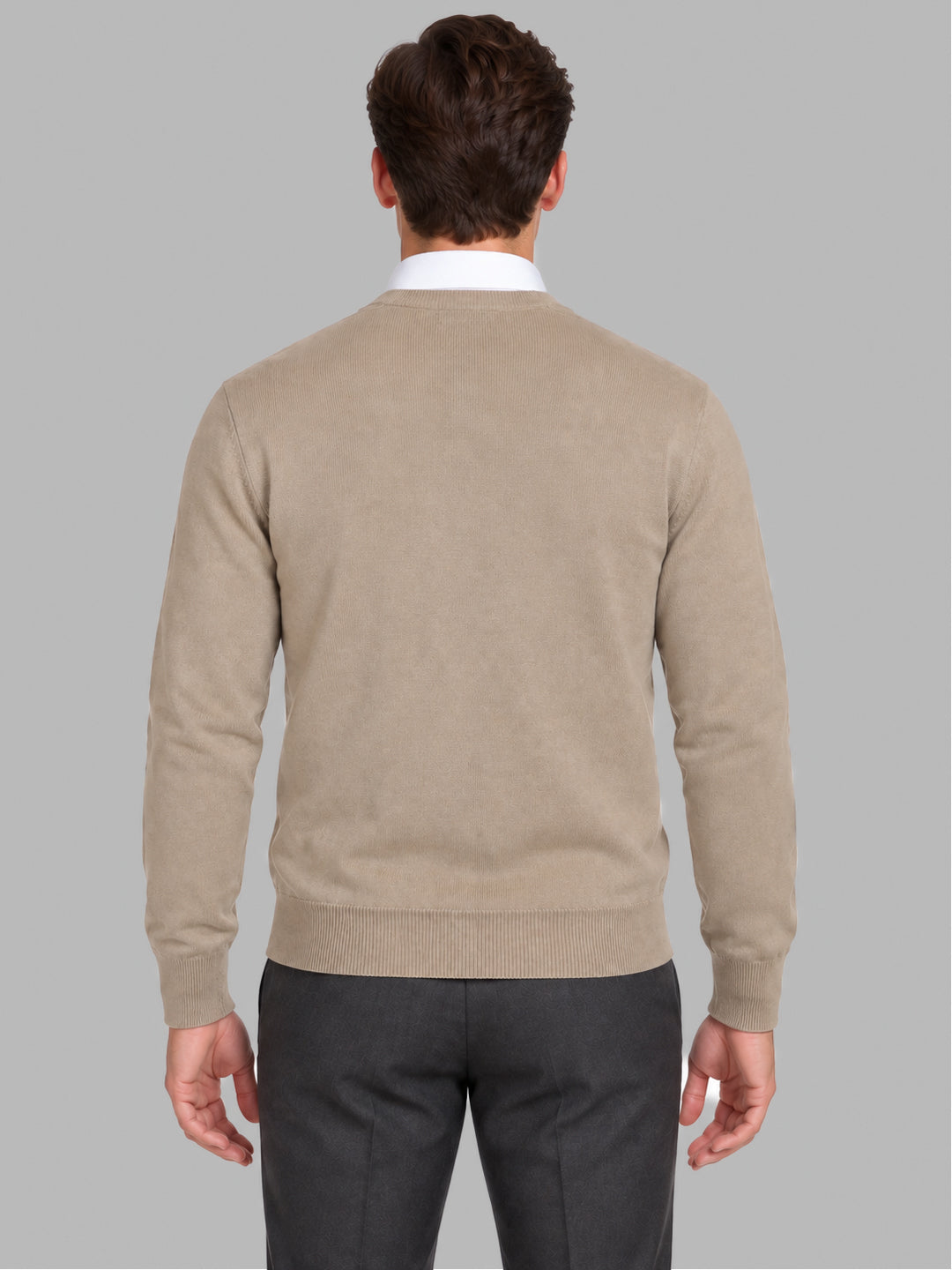 Men Beige Solid V Neck Full Sleeve Pullover