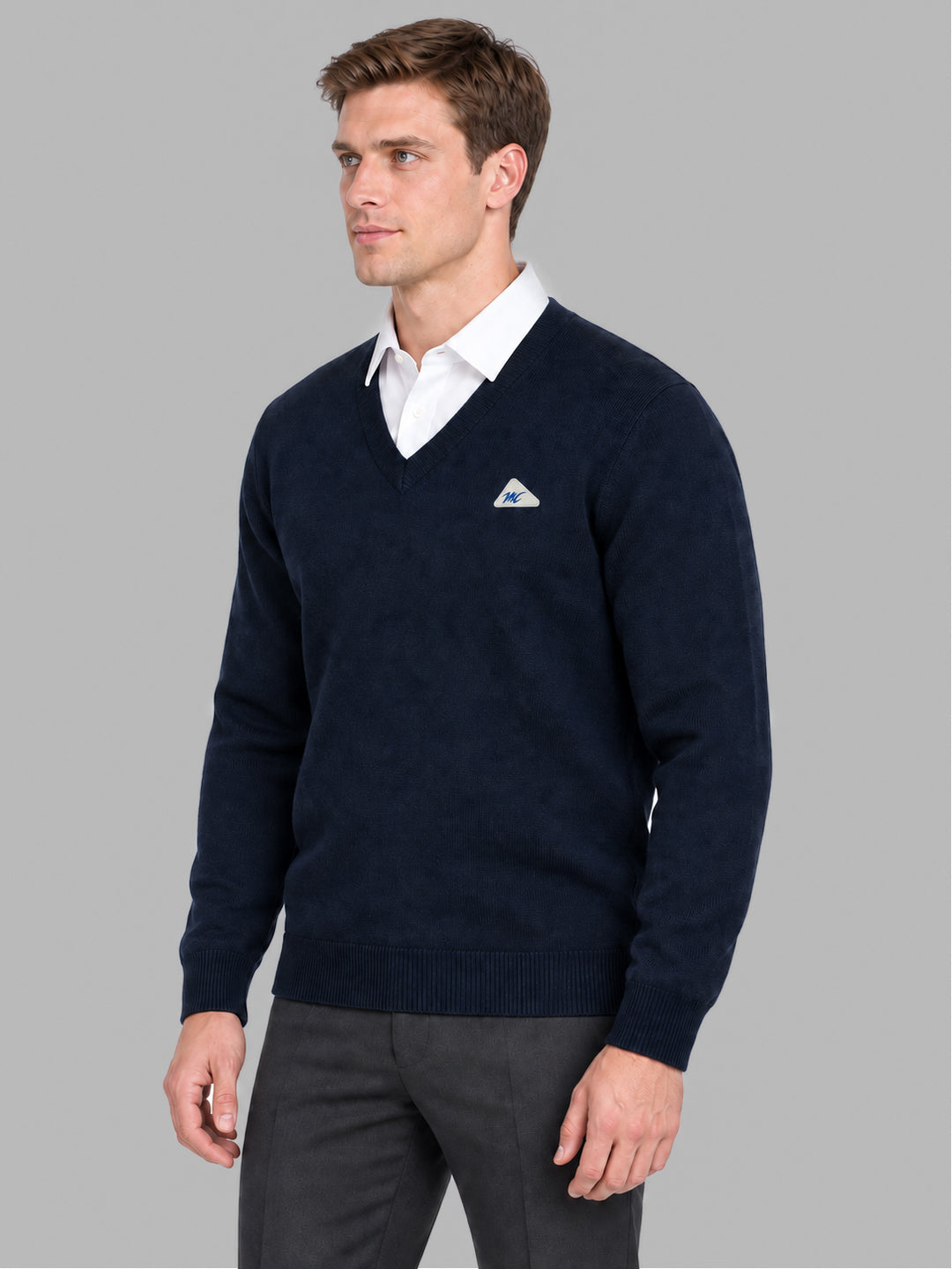 Men Navy Blue Solid V Neck Full Sleeve Pullover