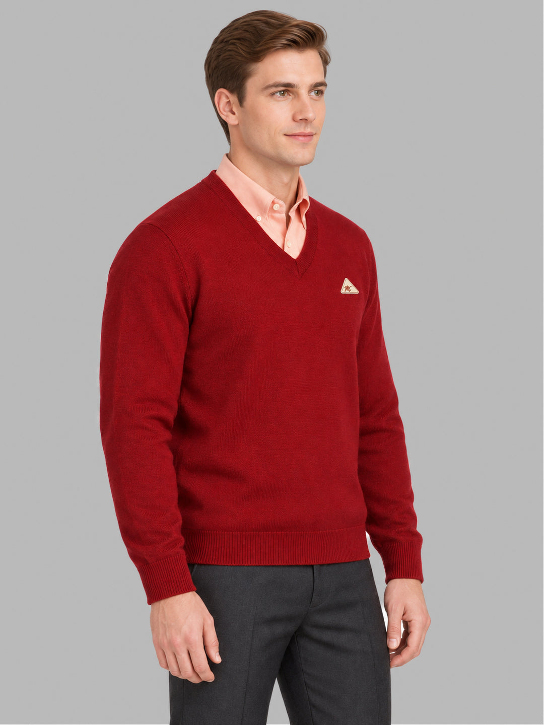 Men Maroon Solid V Neck Full Sleeve Pullover